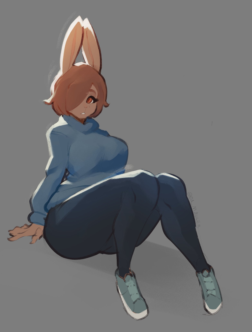 2021 anthro big_breasts breasts brianne_(spikedmauler) brown_hair clothed clothing eyelashes female footwear fur grey_background hair hair_over_eye hi_res lagomorph leggings legwear leporid looking_away mammal one_eye_obstructed orange_eyes rabbit shoes signature simple_background sitting sneakers solo spikedmauler sweater tan_body tan_fur topwear