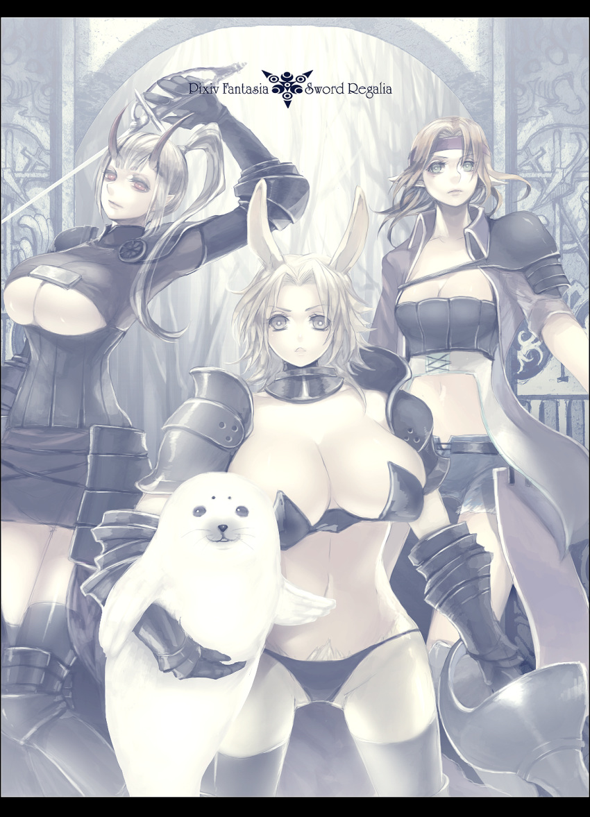 1boy 3girls animal animal_ears armor bertolucci_(pixiv_fantasia) blonde_hair breasts cleavage clothing_cutout copyright_name fantasy female_pubic_hair frown fur gauntlets green_eyes grey_eyes grey_hair high_ponytail highres holding holding_animal holding_polearm holding_weapon horns huge_breasts impossible_armor impossible_clothes impossible_shirt impossible_underwear lance large_breasts lips long_hair lucille_tregar_(pixiv_fantasia) medium_breasts midriff miniskirt multiple_girls navel nicole_pmonachi panties pauldrons pixiv_fantasia pixiv_fantasia_sword_regalia polearm pubic_hair pubic_hair_peek rapier red_eyes seal_(animal) shandy_(pixiv_fantasia) shirt short_hair shoulder_armor single_pauldron skin_tight skirt stomach stomach_cutout string_panties sword thighhighs thighs underboob underboob_cutout underwear weapon white_hair white_pubic_hair