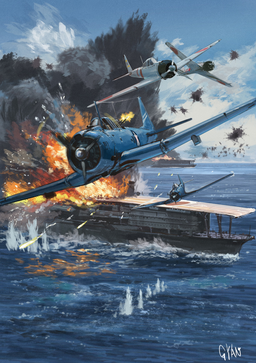 a6m_zero aircraft aircraft_carrier airplane battle battle_of_midway commentary_request explosion fire gun gyan_(akenosuisei) highres imperial_japanese_navy kaga_(aircraft_carrier) machine_gun military military_vehicle no_humans ocean original photoshop_(medium) realistic sbd_dauntless scenery ship signature sky united_states_navy vehicle_focus war warship water watercraft weapon world_war_ii