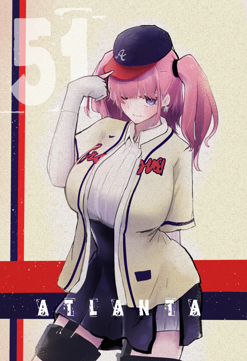 absurdres atlanta_(kancolle) atlanta_braves bad_id bad_pixiv_id baseball_cap baseball_jersey breasts brown_hair earrings female gloves grey_eyes hat high-waist_skirt highres jersey jewelry kantai_collection large_breasts long_hair major_league_baseball partially_fingerless_gloves sakanagahashiru skirt solo star_(symbol) star_earrings suspender_skirt suspenders two_side_up