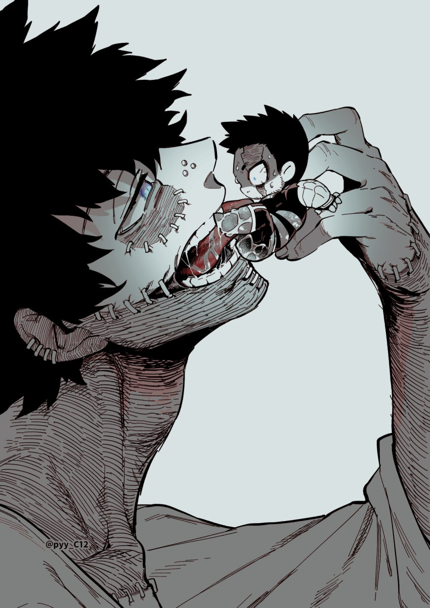 2boys adam's_apple beard blue_eyes boku_no_hero_academia boots burn_scar chibi costume dabi_(boku_no_hero_academia) ear_piercing endeavor_(boku_no_hero_academia) facial_hair father_and_son fingerless_gloves gloves greyscale highres holding_chibi holding_person kan_(pyy_c12) licking male_focus monochrome moustache multiple_boys multiple_scars nose_piercing open_mouth panicking piercing resisting saliva scar scar_across_eye scar_on_arm scar_on_cheek scar_on_face scar_on_mouth scar_on_neck short_hair sideburns size_difference sleeves_pushed_up spiked_hair spot_color stapled stubble sweatdrop teeth twitter_username very_short_hair