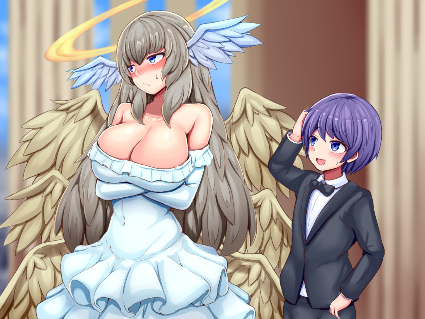 1boy angel angel_wings bare_shoulders blue_eyes blurry blurry_background blush breasts brown_hair cleavage commission crossed_arms dress elbow_gloves female formal frilled_dress frills gloves halo height_difference highres long_hair luka_(mon-musu_quest!) mon-musu_quest! multiple_wings purple_eyes raichi_(ddq0246) seraph_eden seraph_wings skeb_commission suit sweatdrop wedding wedding_dress white_dress wings