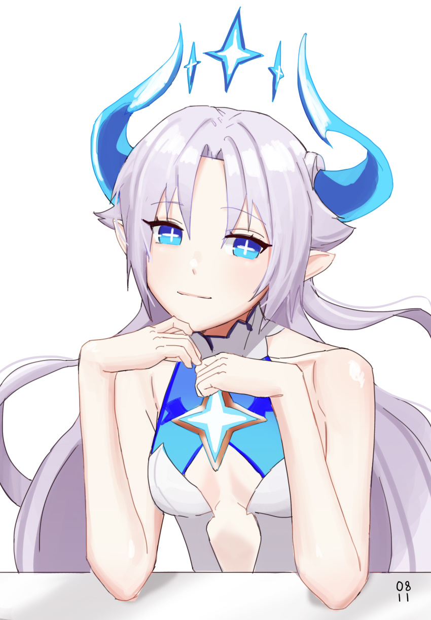 +_+ absurdres bare_shoulders blue_horns breasts closed_mouth demon_girl demon_horns elsword female hair_intakes highres horns ishtar_(elsword) long_hair luciela_r._sourcream photoshop_(medium) pointy_ears ppower_(lu_power) purple_hair simple_background small_breasts smile very_long_hair white_background