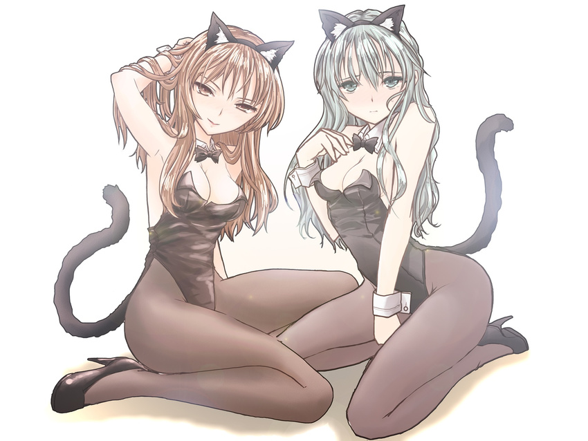 2girls animal_ears bow bowtie breasts brown_eyes brown_hair cat_ears character_request cleavage commentary_request detached_collar green_eyes green_hair helena_havel highres kittysuit leotard long_hair looking_at_viewer medium_breasts multiple_girls nontraditional_playboy_bunny pantyhose ringo_no_ki tail teyuno ukagaka wrist_cuffs