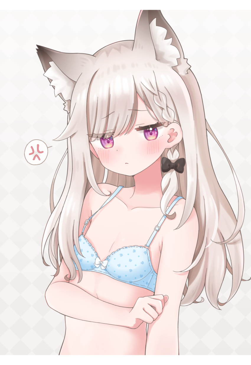 anger_vein animal_ear_fluff animal_ears animare black_bow blue_bra blush bow bra braid closed_mouth commentary_request female flat_chest fox_ears fox_girl grey_hair hairbow highres long_hair looking_at_viewer nanashi_inc. purple_eyes shiromiya_mimi side_braid simple_background single_braid solo super_takochan underwear upper_body virtual_youtuber