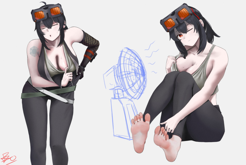 :o ahoge bao_(pixiv_99415611) bare_arms barefoot black_gloves black_pants blush breasts cleavage closed_eyes collarbone crossed_belts elbow_gloves electric_fan feet feet_up female foot_focus gloves goggles goggles_on_head grace_howard grey_tank_top hair_between_eyes hands_on_feet head_tilt highres knees_up large_breasts leaning_forward long_hair looking_at_viewer multiple_views one_eye_closed pants red_eyes shirt signature simple_background single_elbow_glove sitting sleeveless sleeveless_shirt smile soles sweat tank_top toes zenless_zone_zero