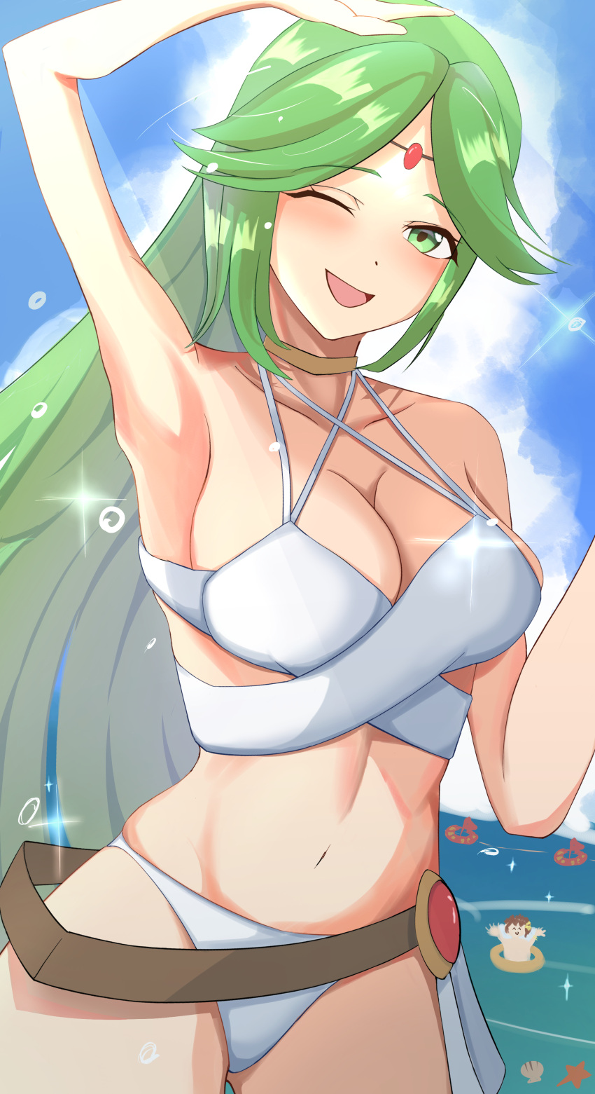 1boy absurdres arm_up bikini blue_sky blush breasts collarbone female green_eyes green_hair haruka_f4l highres kid_icarus kid_icarus_uprising long_hair navel one_eye_closed open_mouth outdoors palutena pit_(kid_icarus) sky smile solo_focus sparkle starfish swimsuit very_long_hair