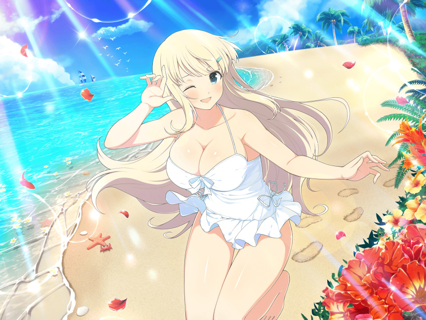 :d aqua_eyes bare_shoulders barefoot beach bird blonde_hair blue_sky blush boat bow breasts cleavage cloud coconut coconut_tree collarbone crab day falling_petals female flower flower_on_liquid footprints grass hair_ornament hairclip hibiscus highres horizon large_breasts lens_flare light_particles light_rays long_hair looking_at_viewer mountain mountainous_horizon ocean official_art one-piece_swimsuit one_eye_closed open_mouth orange_flower outdoors palm_leaf palm_tree petals plant red_flower ribbon sailboat sand seagull seashell senran_kagura senran_kagura_new_link senran_kagura_shoujo-tachi_no_shin'ei shell shielding shiny_skin sky smile solo sparkle standing standing_on_one_leg starfish sunbeam sunlight swimsuit swimsuit_skirt thigh_gap tree tropical water watercraft white_bow white_flower white_one-piece_swimsuit white_ribbon yaegashi_nan yellow_flower yomi_(senran_kagura)