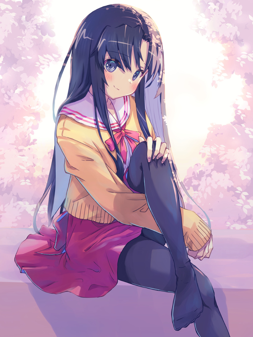 akayama_yukihe black_hair black_pantyhose blue_eyes blush brown_cardigan cardigan feet female fingernails highres kawana_misaki key long_hair looking_at_viewer one_(cevio) one_-_kagayaku_kisetsu_e pantyhose ribbon school_uniform skirt