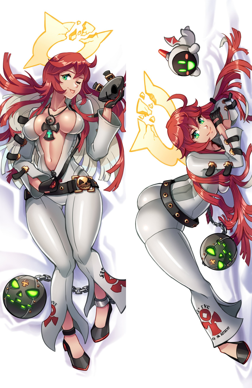 absurdres arm_rest ass belt bodysuit breast_press breasts dakimakura_(medium) female flexible full_body gloves green_eyes guilty_gear guilty_gear_strive hair_between_eyes hakuramen halo highres jack-o'_challenge jack-o'_valentine legs_apart long_hair looking_at_viewer multicolored_hair red_hair simple_background smile solo spiked_halo spread_legs stretching top-down_bottom-up two-tone_hair white_background white_bodysuit white_hair wide_spread_legs