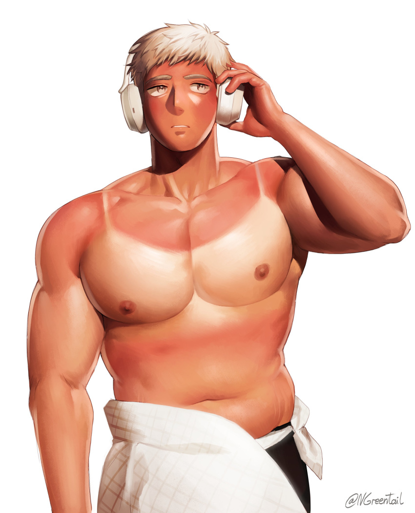 1boy arm_up bara bare_shoulders black_pants blonde_hair collarbone dungeon_meshi headphones heat_stroke_photoshoot_(meme) highres laios_touden large_pectorals looking_to_the_side male_chest male_focus meme muscular muscular_male nifast_(greentail) nipples pants parted_lips pectorals simple_background solo tan tanlines topless_male white_background white_headphones yellow_eyes