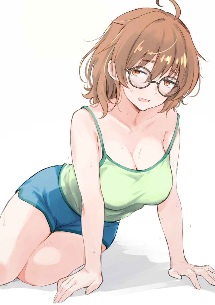 ahoge aqua_shorts araki_hina arm_support bare_arms bare_legs bare_shoulders blush breasts brown_hair camisole cleavage collarbone commentary_request female glasses green_camisole grey-framed_eyewear highres idolmaster idolmaster_cinderella_girls large_breasts looking_at_viewer round_eyewear short_shorts shorts simple_background solo strap_slip sweat thighs unu_(unucence) white_background