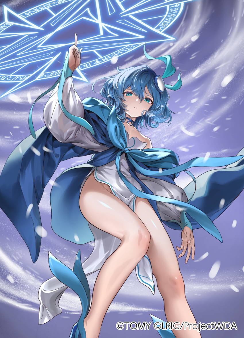 andou_shuki aqua_ribbon bare_shoulders blue_eyes blue_hair blue_shawl choker company_name dress expressionless female floating_clothes floating_hair groin hair_ornament hair_ribbon highres index_finger_raised long_sleeves looking_at_viewer magic_circle medium_hair official_art parted_lips pelvic_curtain piruluk puffy_long_sleeves puffy_sleeves ribbon selector_wixoss shawl side_slit snowing solo wavy_hair white_dress wixoss