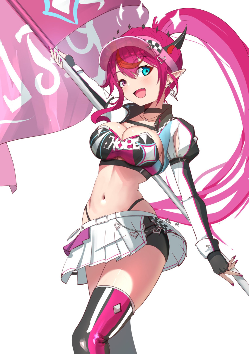 angelchama breasts cleavage female flag halo heterochromia highleg highleg_panties highres holding holding_flag hololive hololive_english horns irys_(hololive) looking_at_viewer medium_breasts midriff miniskirt navel open_mouth panties panty_straps pointy_ears race_queen racing shrug_(clothing) skirt smile thighhighs underwear virtual_youtuber