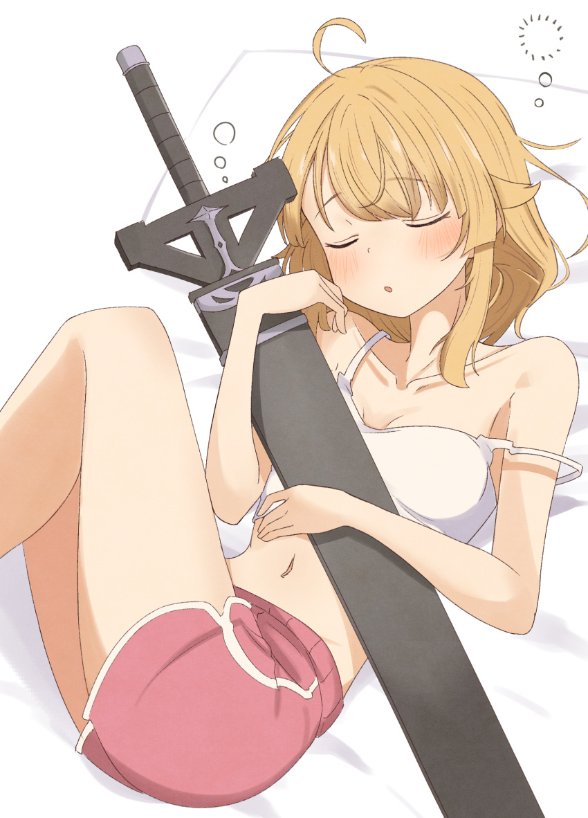 ahoge blonde_hair blush breasts camisole cleavage eyebrows_hidden_by_hair feet_out_of_frame female hair_between_eyes highres holding holding_sword holding_weapon mushoku_tensei navel norn_greyrat on_bed open_mouth red_shorts root_(1732050807point) scabbard sheath sheathed short_hair shorts simple_background sleeping small_breasts solo squeans stomach strap_slip sword weapon white_camisole