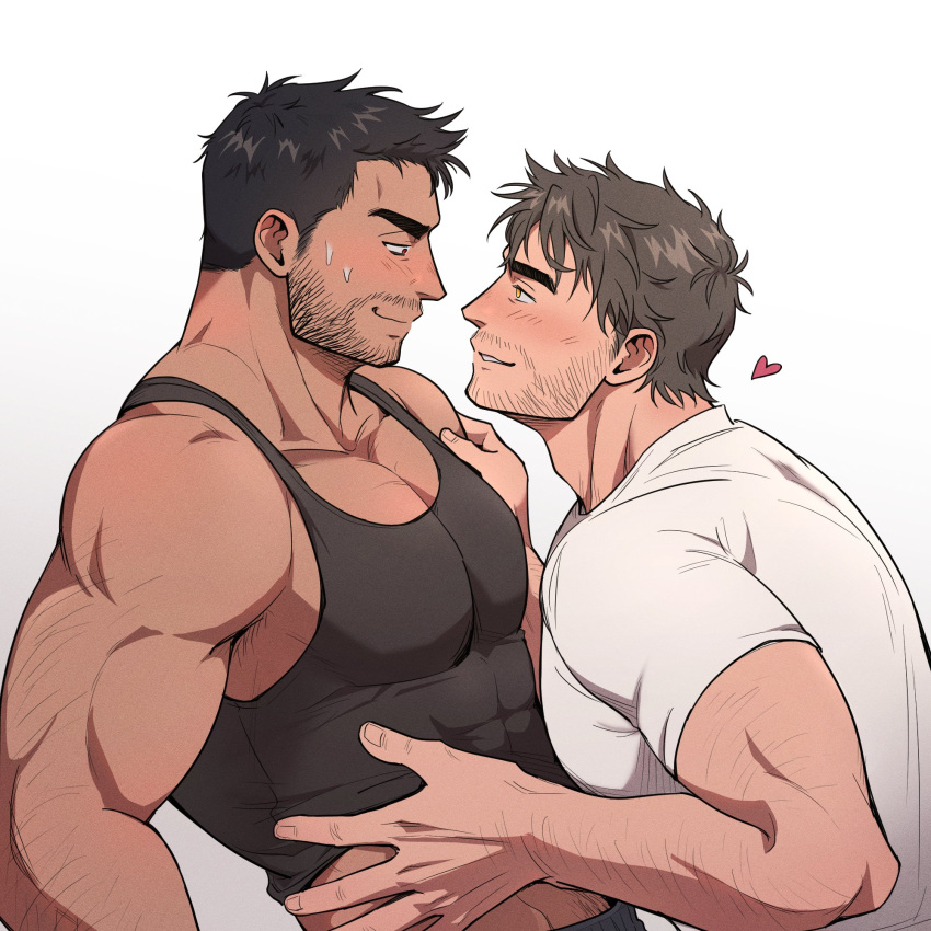 2boys armpit_hair armpit_hair_peek bara beard_stubble black_hair black_tank_top blush brown_hair couple eye_contact facial_hair foreplay from_side heart highres large_hands large_pectorals lifting_another's_clothes looking_at_another male_focus mature_male multiple_boys muscular muscular_male navel_hair_peek original pectoral_cleavage pectorals profile second-party_source seductive_smile shirt smile stubble sweatdrop tank_top thick_arm_hair thick_eyebrows tight_clothes tight_shirt upper_body wasted_m9 yaoi