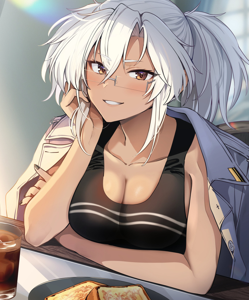 absurdres bare_shoulders black_nails black_tank_top blush breasts brown_eyes cleavage commentary_request cup dark-skinned_female dark_skin female french_toast grin highres indoors jacket jacket_on_shoulders kantai_collection large_breasts long_hair musashi_(kancolle) nail_polish open_clothes open_jacket plate semi-rimless_eyewear smile solo tank_top twintails white_jacket yunamaro