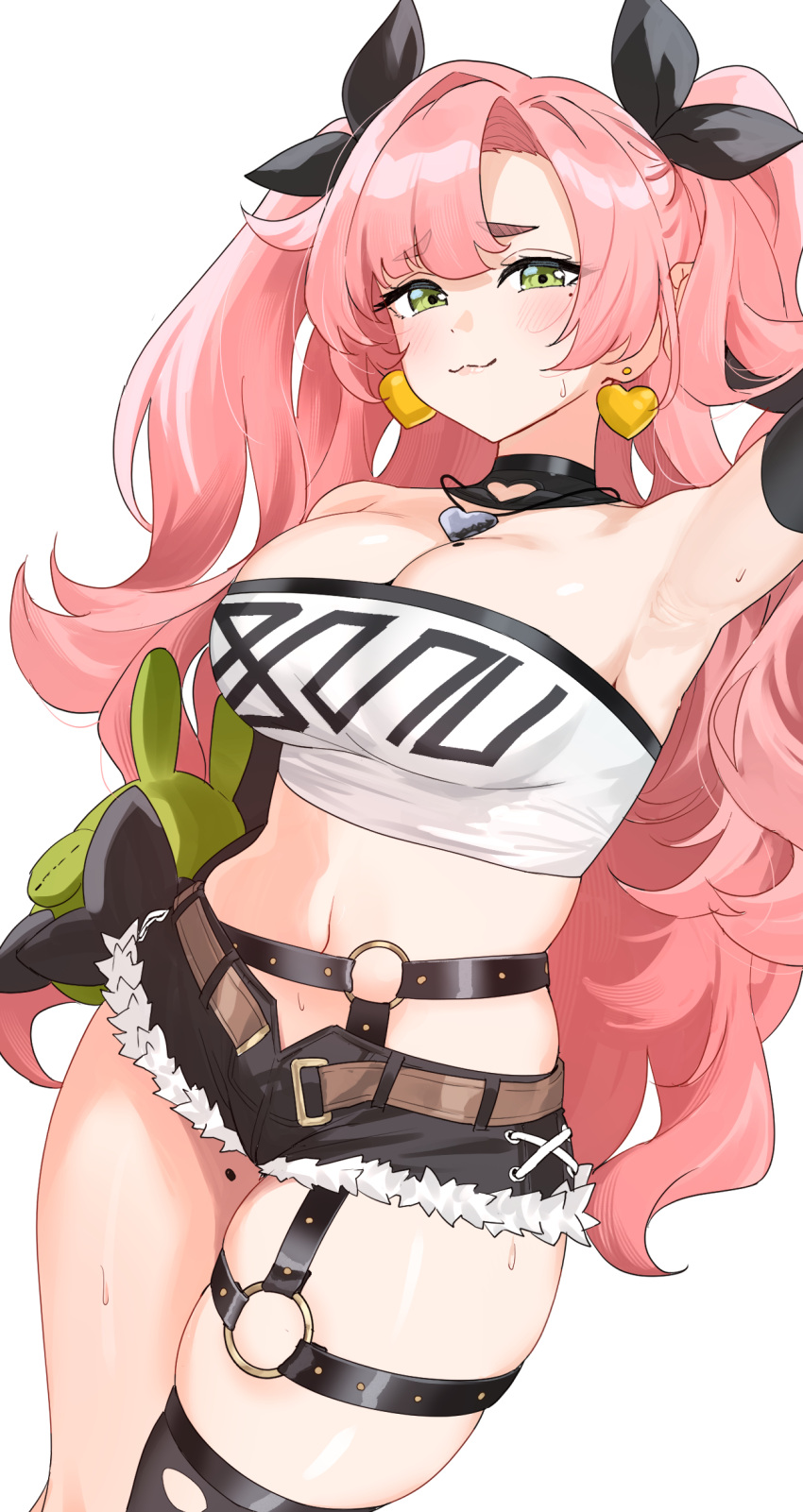 breasts cleavage crop_top earrings female green_eyes heart heart_earrings highres jewelry large_breasts long_hair looking_at_viewer mole mole_under_eye nicole_demara nonbire pink_hair simple_background smile solo sweat thigh_strap two_side_up white_background zenless_zone_zero