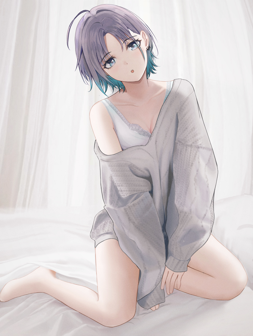 :o absurdres ahoge aqua_hair asakura_toru bare_legs barefoot blush bra breasts cleavage collarbone commentary_request earrings female gradient_hair grey_sweater head_tilt highres idolmaster idolmaster_shiny_colors indoors jewelry lace-trimmed_bra lace_trim looking_at_viewer loose_clothes multicolored_hair no_pants no_toes purple_eyes short_hair single_bare_shoulder sitting solo sweater underwear urushi_(1879722500) white_bra