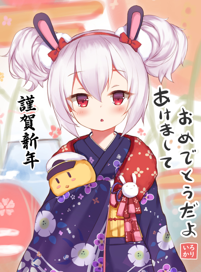 animal_ears azur_lane blue_kimono blush_stickers bow character_doll chestnut_mouth commentary doll double_bun fake_animal_ears female floral_print hair_between_eyes hair_bun hairband hat highres holding holding_doll irokari japanese_clothes kimono laffey_(azur_lane) laffey_(snow_rabbit_and_candy_apple)_(azur_lane) long_sleeves looking_at_viewer manjuu_(azur_lane) new_year obi official_alternate_costume open_mouth peaked_cap print_kimono rabbit_ears red_bow red_eyes red_hairband sash sidelocks solo_focus translated upper_body white_hair wide_sleeves yukata