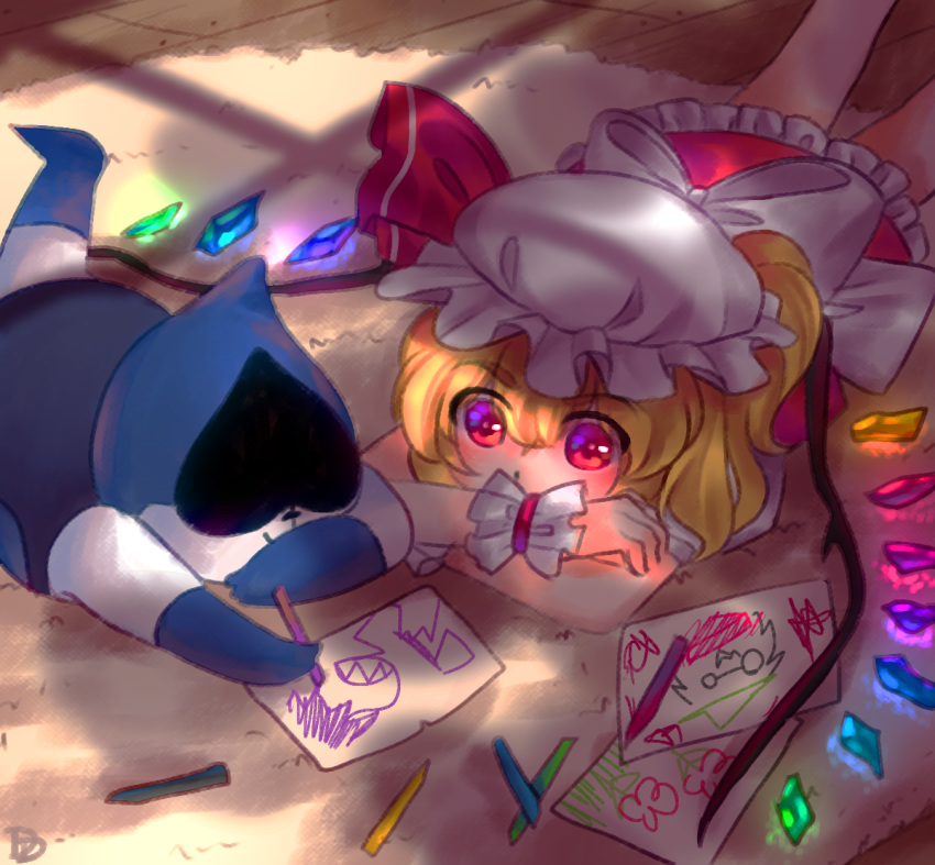 blonde_hair colored_skin commentary crayon deltarune drawing english_commentary female flandre_scarlet frilled_skirt frills gloves hat indoors jackybunny lancer_(deltarune) lying mob_cap on_stomach ralsei red_eyes red_skirt rug short_hair skirt susie_(deltarune) touhou white_skin wings wrist_cuffs