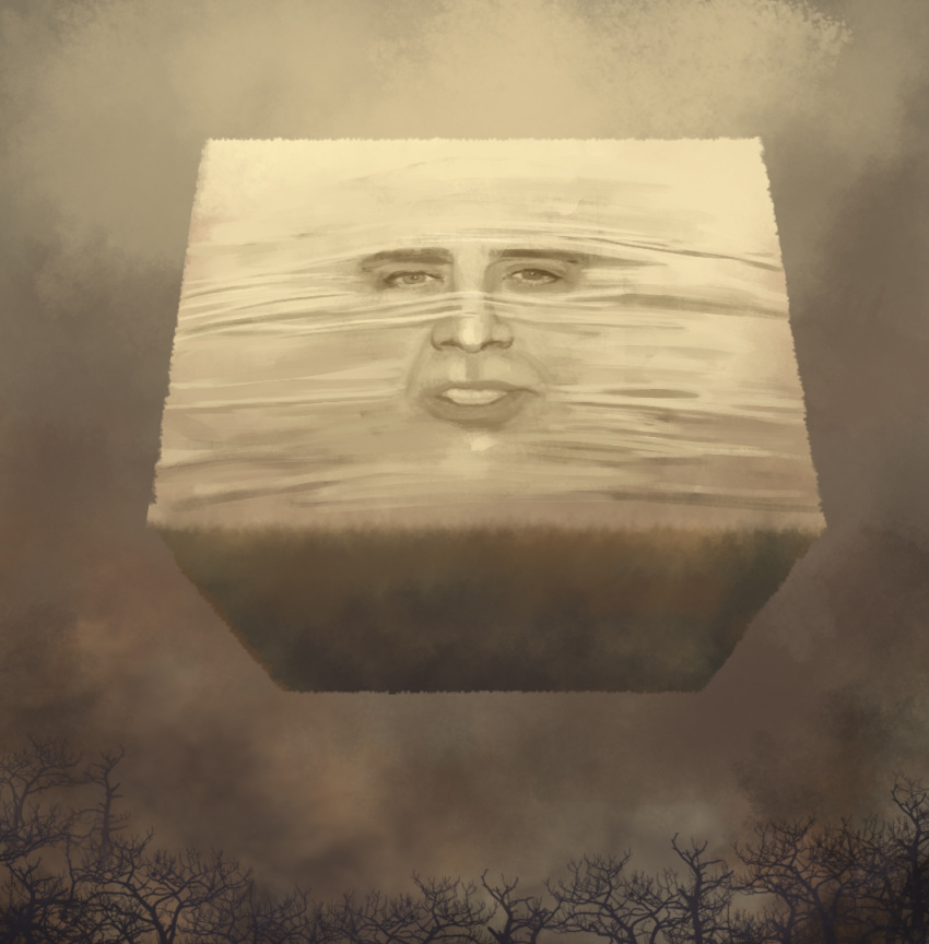 bare_tree brown_theme cloud cloudy_sky commentary cube floating floating_object forest monochrome nature nekonekosan_(kemushima3) nicolas_cage no_humans original real_life sepia sky surreal tree