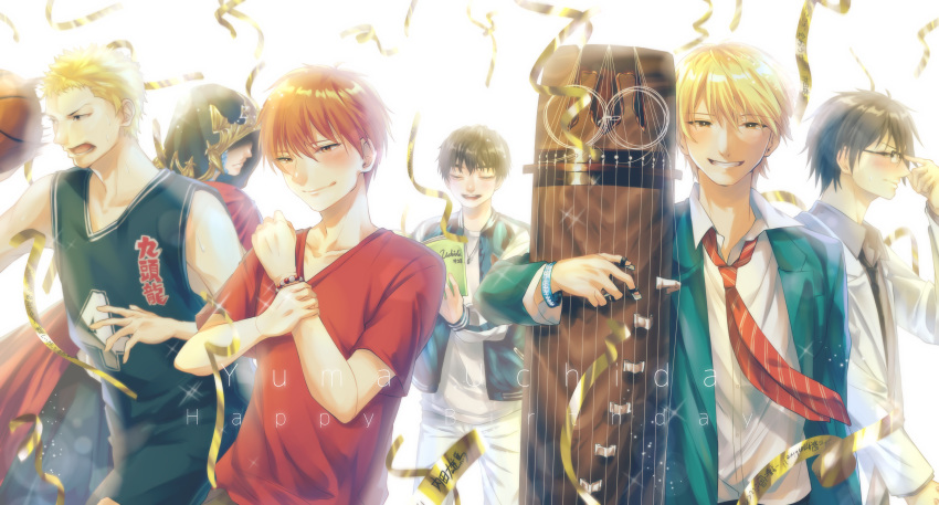 29pad_ky 6+boys absurdres adjusting_eyewear ahiru_no_sora ball basketball basketball_(object) blonde_hair blush book bracelet cape character_name closed_eyes confetti crossover crystal_exarch final_fantasy final_fantasy_xiv fruits_basket g'raha_tia glasses hanazono_momoharu hand_on_own_arm hand_up happy_birthday highres holding holding_book hood idolmaster idolmaster_side-m instrument jacket jewelry kono_oto_tomare! koto_(instrument) kudou_chika_(kono_oto_tomare!) male_focus material_growth multiple_boys multiple_crossover necktie open_mouth orange_hair plectrum red_shirt rikei_ga_koi_ni_ochita_no_de_shoumeishitemita school_uniform shirt smile souma_kyou standing uchida_yuuma voice_actor_connection white_background white_shirt wristband yukimura_shinya