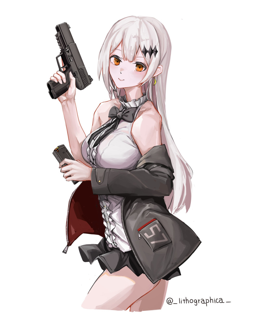 absurdres alternate_hairstyle breasts female five-seven_(girls'_frontline) fn_five-seven frilled_shirt frills girls'_frontline gun hair_down handgun highres lithographica long_hair medium_breasts orange_eyes shirt sleeveless sleeveless_shirt solo very_long_hair weapon white_hair