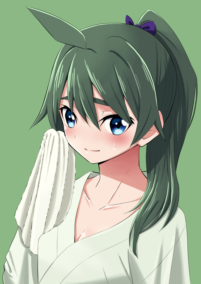 absurdres ahoge commentary_request dougi female green_background green_eyes green_hair hair_over_shoulder hasegawa_(hase_popopo) highres long_hair looking_at_viewer ponytail saegusa_wakaba simple_background solo towel upper_body vividred_operation