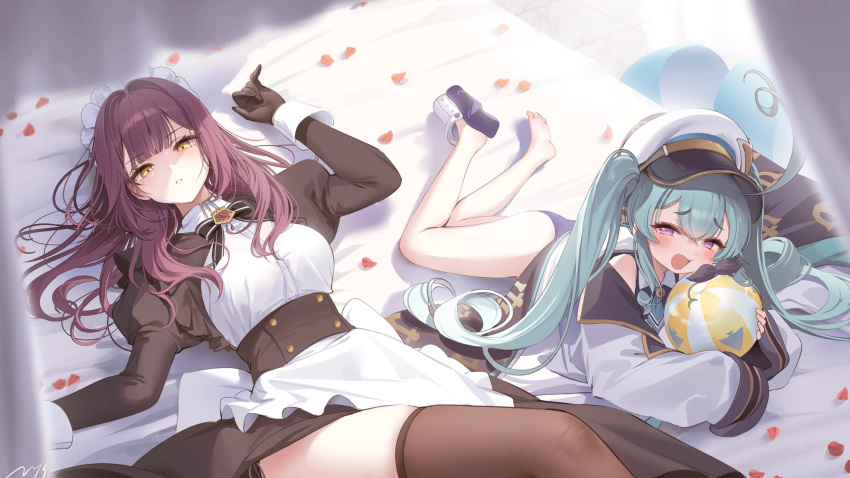 2girls anson_(azur_lane) apron aqua_hair azur_lane bad_id bad_twitter_id black_dress black_gloves black_thighhighs commentary devonshire_(azur_lane) dress gloves hand_up hashtag-only_commentary hat highres jacket long_hair long_sleeves looking_at_viewer lying maid maid_apron maid_headdress military_hat multiple_girls nys oerba_yun_fang on_back on_stomach one-piece_swimsuit open_mouth parted_lips purple_eyes purple_hair smile swimsuit thighhighs twintails volleyball white_apron white_hat white_jacket wrist_cuffs yellow_background