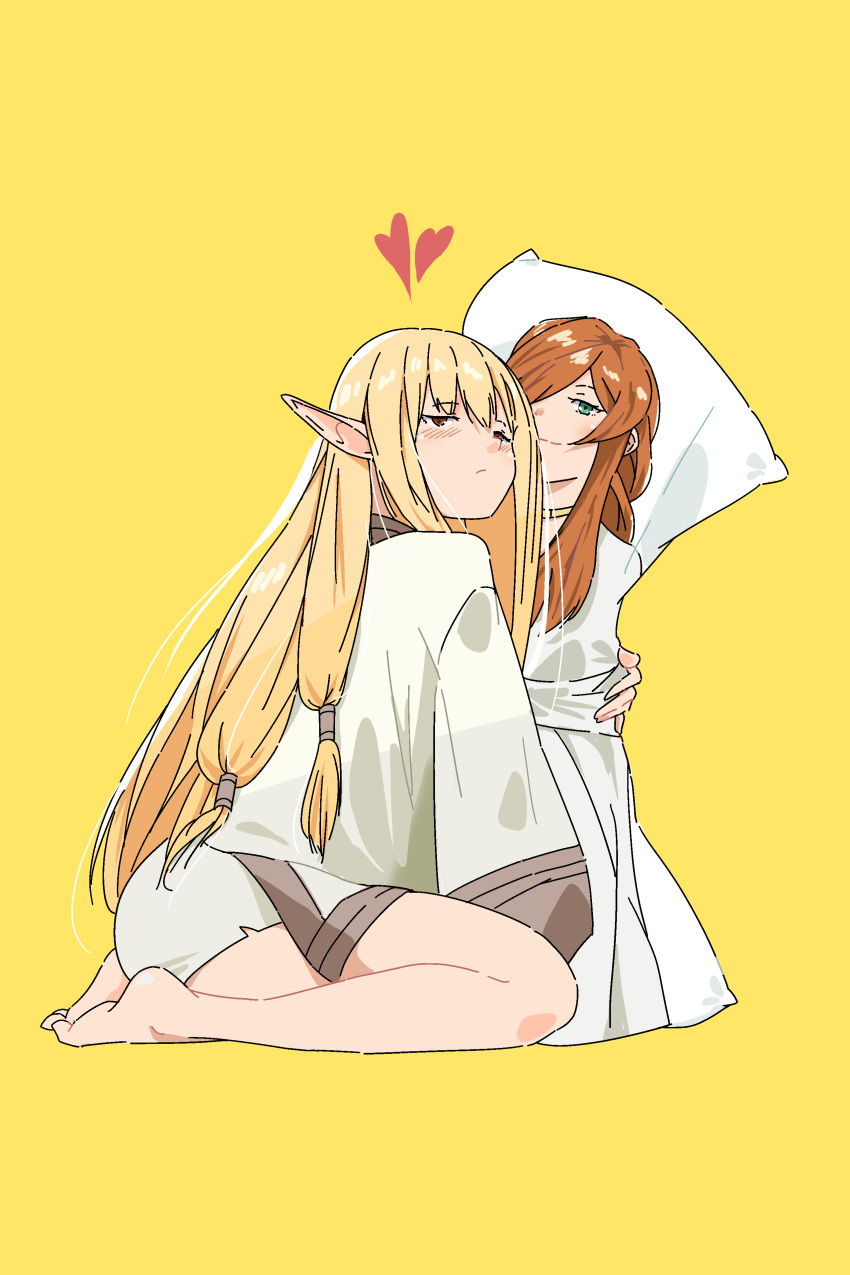 absurdres barefoot blonde_hair character_print commentary dakimakura_(object) elf feet female flamme_(sousou_no_frieren) frown full_body hair_tubes half-closed_eyes heart highres hugging_object kneeling long_hair low-tied_sidelocks misskiwi pillow pillow_hug pointy_ears red_eyes robe serie_(sousou_no_frieren) simple_background solo sousou_no_frieren very_long_hair white_robe yellow_background