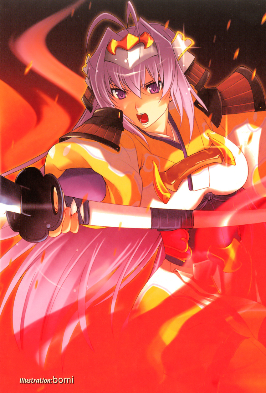 armor bad_id bad_link bomi female fire headband highres long_hair naginata polearm purple_eyes purple_hair rance_(series) sengoku_rance senhime solo weapon