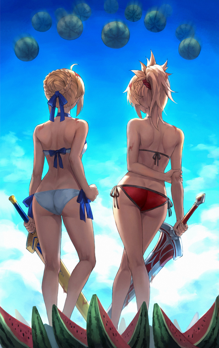 2girls artoria_pendragon_(fate) artoria_pendragon_(swimsuit_archer)_(fate) artoria_pendragon_(swimsuit_archer)_(first_ascension)_(fate) ass back bare_shoulders bikini blonde_hair blue_sky braid breasts clarent_(fate) commentary excalibur_(fate/stay_night) fate/grand_order fate_(series) feet_out_of_frame food from_behind fruit hair_bun hair_ribbon halterneck highres long_hair mordred_(fate) mordred_(swimsuit_rider)_(fate) mordred_(swimsuit_rider)_(first_ascension)_(fate) mother_and_daughter multiple_girls outdoors ponytail red_bikini ribbon side-tie_bikini_bottom sidelocks sky small_breasts string_bikini suikawari swimsuit sword thighs tonee watermelon watermelon_slice weapon white_bikini