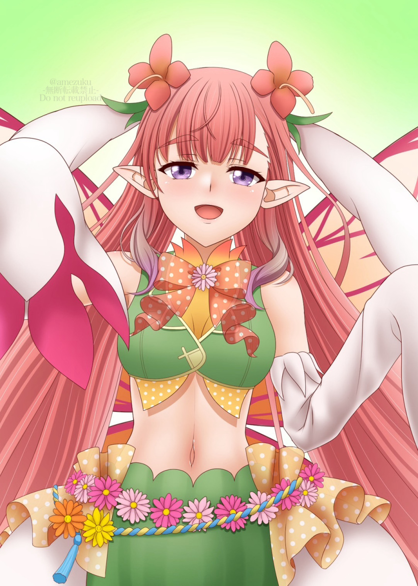 :d amezuku animal_ears bare_shoulders crop_top detached_sleeves fairy fake_animal_ears female fire_emblem fire_emblem_heroes flower green_background highres long_hair long_sleeves looking_at_viewer midriff mirabilis_(fire_emblem) mirabilis_(spring)_(fire_emblem) navel official_alternate_costume open_mouth pink_hair pointy_ears purple_eyes rabbit_ears sleeves_past_fingers sleeves_past_wrists smile solo twintails twitter_username very_long_hair wide_sleeves