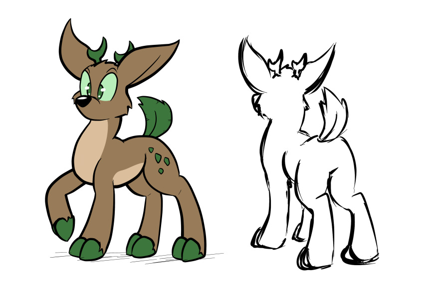 2022 2_horns absurd_res black_nose brown_body brown_fur deer digital_media_(artwork) eyebrows front_view fur green_eyes green_sclera green_tail hi_res hooves horn leaf leaf_tail male mammal model_sheet rear_view solo standing tail toony virmir