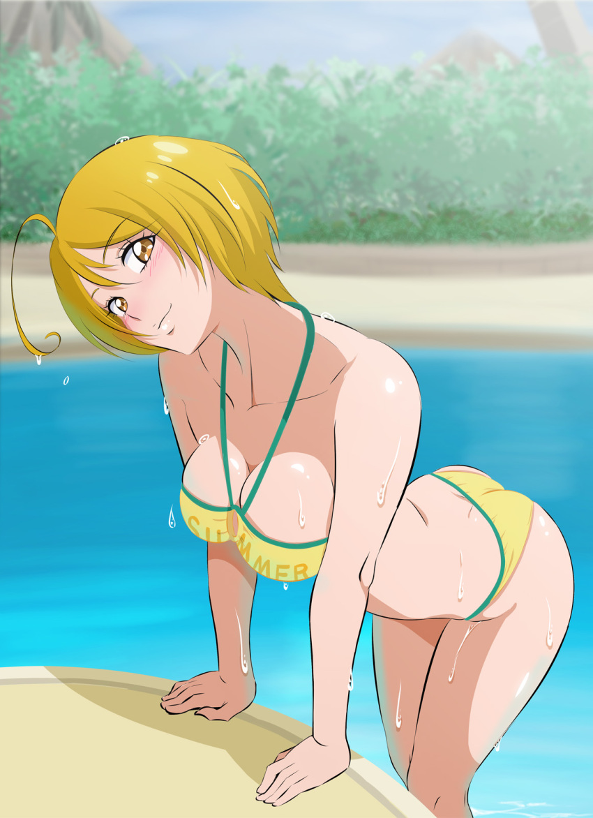 ahoge ass bikini blonde_hair breasts bush cleavage collarbone female fuchi_(nightmare) highres hugtto!_precure kagayaki_homare large_breasts looking_at_viewer pool precure short_hair smile solo swimsuit water yellow_bikini yellow_eyes