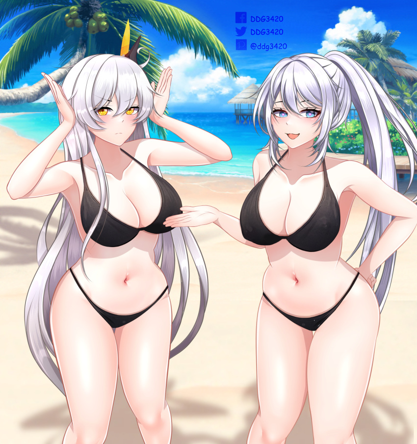 2girls absurdres beach breasts d.d.g_(ddg3420) highres honkai_(series) honkai_impact_3rd kiana_kaslana kiana_kaslana_(herrscher_of_the_void) large_breasts long_hair multiple_girls naughty_face original smile swimsuit white_hair