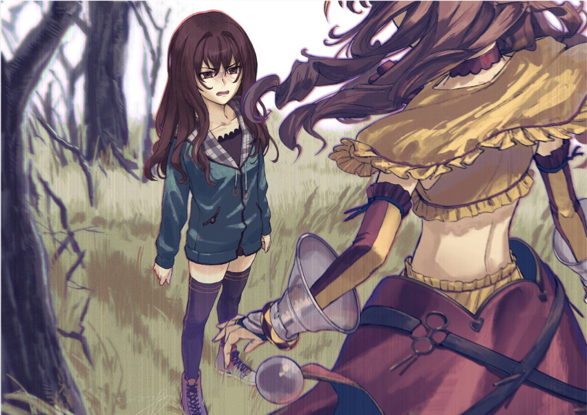 2girls back black_thighhighs brown_eyes brown_hair capelet character_request copyright_request cropped_shirt cross-laced_footwear detached_sleeves forest frilled_capelet frilled_shirt frilled_sleeves frills gauntlets highres koimizu long_hair multiple_girls nature on_grass open_mouth shirt shoes standing teeth thighhighs yellow_capelet yellow_shirt