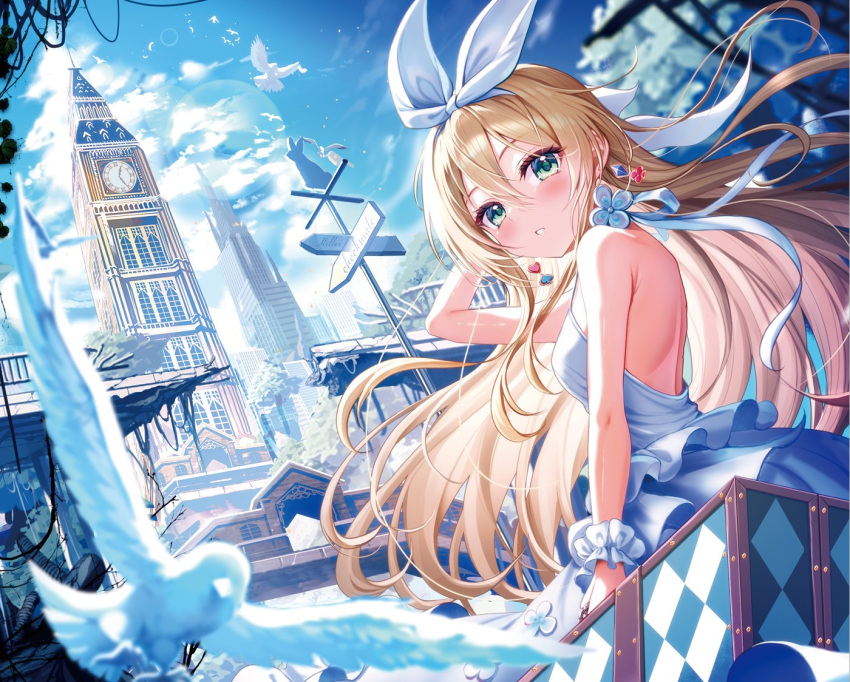 akabane_(zebrasmise) backless_dress backless_outfit bare_back bare_shoulders bird blonde_hair blush building cityscape clock clock_tower cloud cloudy_sky club_(shape) club_earrings diamond_earrings dress earrings female green_eyes hair_between_eyes hair_ribbon hand_on_own_head heart heart_earrings jewelry lens_flare long_hair looking_at_viewer looking_to_the_side original outdoors ribbon scrunchie signpost sky skyscraper solo spade_(shape) spade_earrings tower tree white_dress white_ribbon white_scrunchie wrist_scrunchie