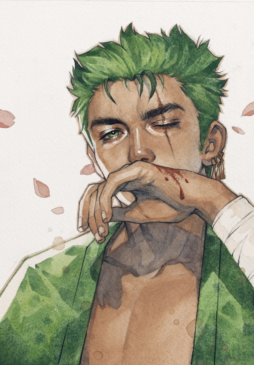 1boy bandaged_wrist bandages blood blood_on_hands collarbone covering_own_mouth earrings green_eyes green_hair green_kimono hand_over_own_mouth highres japanese_clothes jewelry kelogsloops kimono looking_at_viewer male_focus one_eye_closed one_piece open_clothes open_shirt outline pectoral_cleavage pectorals petals portrait roronoa_zoro scar scar_across_eye short_hair sideburns simple_background solo toned toned_male traditional_media