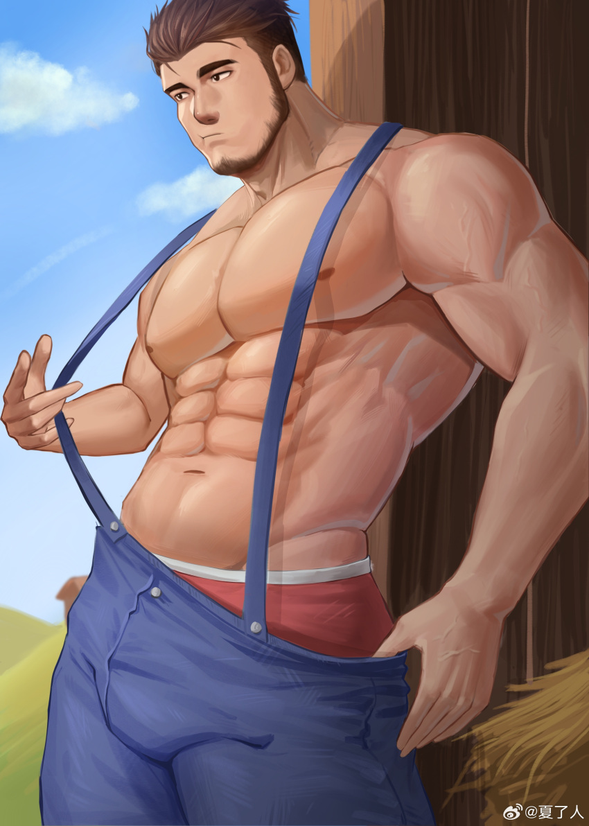 1boy abs absurdres artist_request bara bare_pectorals beard blue_overalls brown_hair cowboy_shot facial_hair farmer full_beard hair_slicked_back highres large_pectorals looking_to_the_side male_focus male_underwear male_underwear_peek mature_male muscular muscular_male navel nipples original overalls pectorals red_male_underwear short_hair shredded_muscles solo standing thick_eyebrows underwear undressing