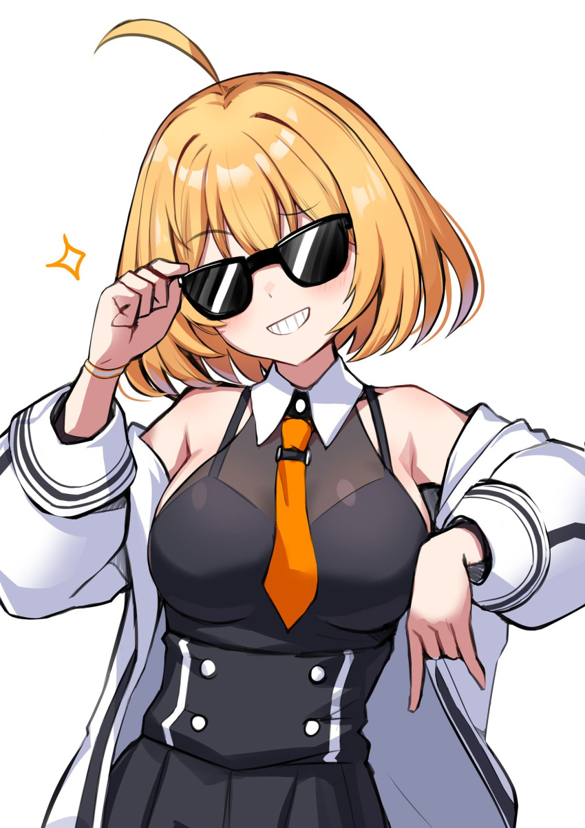 adjusting_eyewear ahoge bare_shoulders black_shirt black_skirt blonde_hair breasts collar facing_viewer female furrowed_brow grin hand_up haru_estia highres jacket long_sleeves losvje1024 medium_breasts medium_hair necktie off_shoulder open_clothes open_jacket orange_necktie shirt simple_background skirt sleeveless sleeveless_shirt smile smug solo soulworker sparkle sunglasses teeth white_background white_collar white_jacket wristband