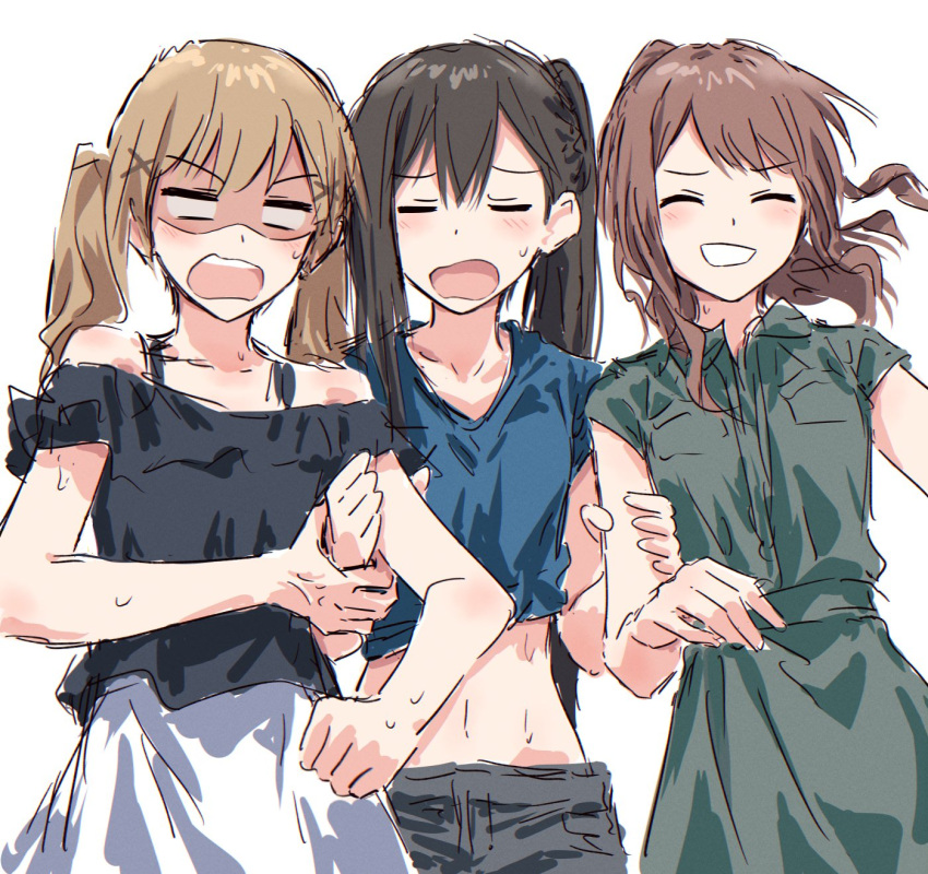 3girls ^_^ arm_grab bang_dream! black_hair black_shirt blank_eyes blue_shirt blush brown_hair bullfalk closed_eyes collarbone collared_dress dress green_dress grey_shorts grin hair_ornament hanazono_tae highres ichigaya_arisa midriff multiple_girls navel off-shoulder_shirt off_shoulder open_mouth shaded_face shirt shirt_rolled_up short_sleeves shorts side_ponytail simple_background smile sweat teeth toyama_kasumi twintails upper_teeth_only v-shaped_eyebrows white_background white_shirt x_hair_ornament