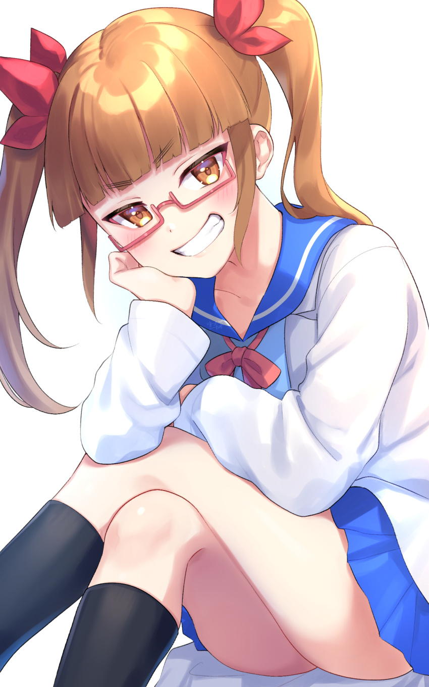 absurdres black_socks blue_skirt blush bow brown_eyes brown_hair commission crossed_legs female glasses grin hairbow highres idolmaster idolmaster_cinderella_girls idolmaster_cinderella_girls_starlight_stage ikebukuro_akiha kishinaito kneehighs long_hair long_sleeves looking_at_viewer pink-framed_eyewear red_bow school_uniform serafuku shirt sidelocks simple_background sitting skirt smile socks solo twintails white_background white_shirt