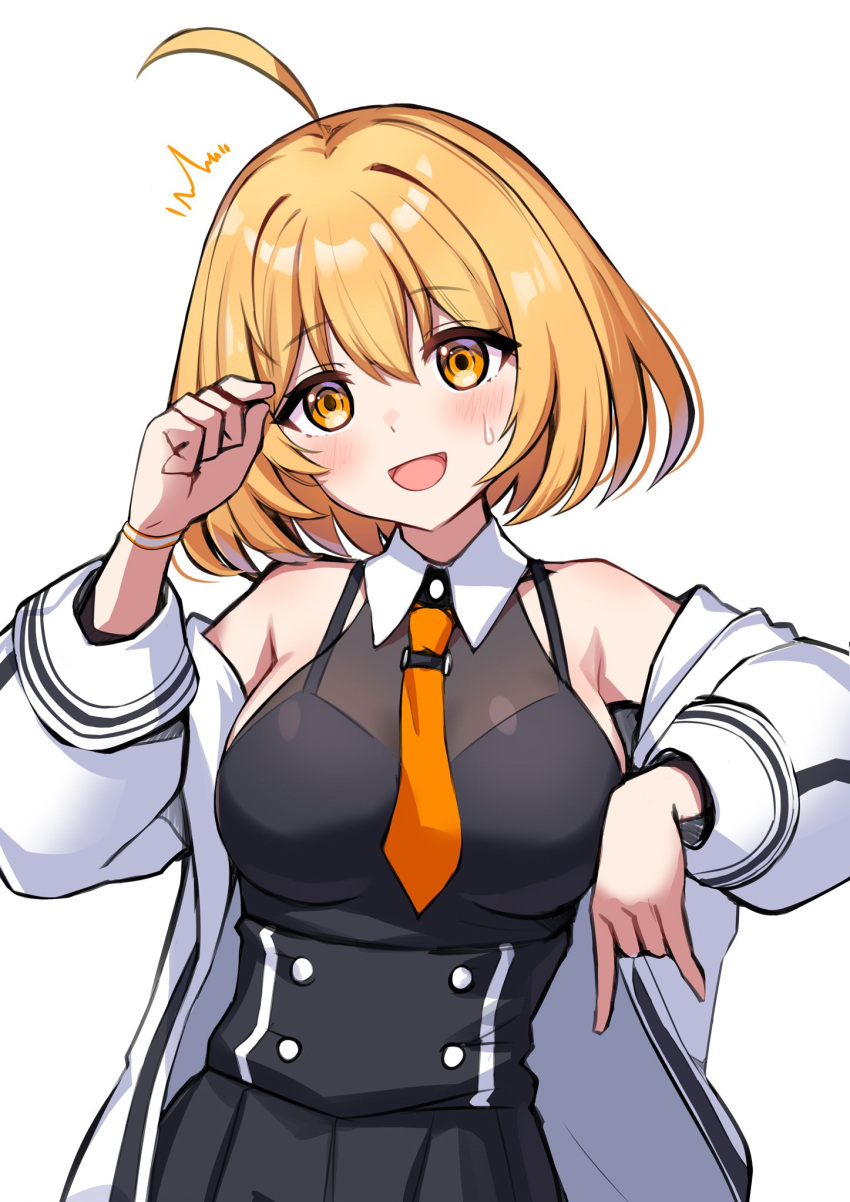 :d ^^^ ahoge bare_shoulders black_shirt black_skirt blonde_hair blush breasts collar female furrowed_brow hair_between_eyes hand_up haru_estia highres jacket long_sleeves looking_at_viewer losvje1024 medium_breasts medium_hair necktie off_shoulder open_clothes open_jacket orange_eyes orange_necktie shirt simple_background skirt sleeveless sleeveless_shirt smile solo soulworker sweatdrop white_background white_collar white_jacket wristband