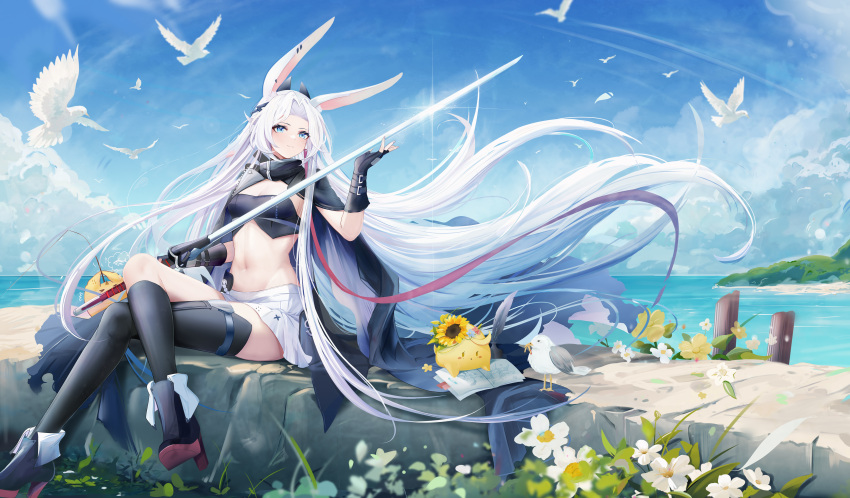 absurdres animal_ears azur_lane banchiyuebai black_gloves blue_eyes blue_sky breasts burnt burnt_clothes chinese_commentary cleavage closed_mouth cloud commentary_request day female fingerless_gloves full_body gloves highres hiryuu_(azur_lane) hiryuu_(meta)_(azur_lane) holding holding_weapon long_hair looking_at_viewer manjuu_(azur_lane) medium_breasts midriff navel outdoors parted_bangs partial_commentary pleated_skirt rabbit_ears sidelocks sitting skirt sky smile sword very_long_hair weapon white_hair white_skirt