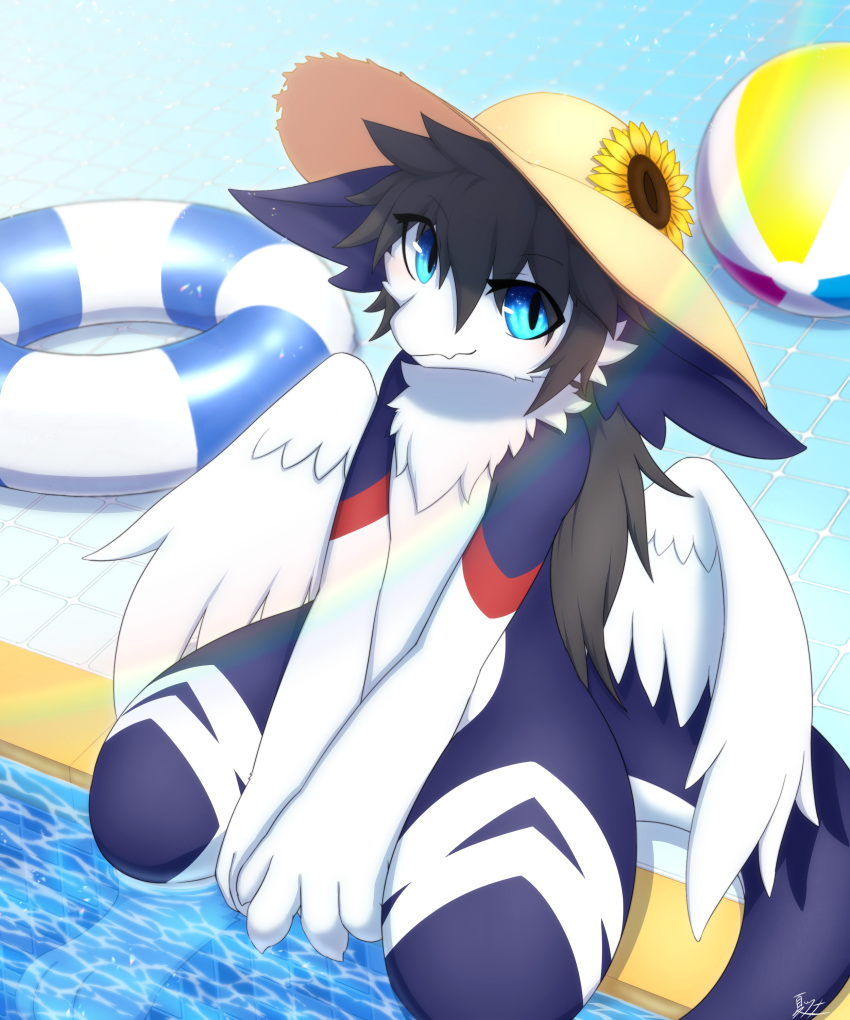 2023 3_toes 4_fingers absurd_res anthro ball beach_ball biped black_hair blue_body blue_eyes clothing cute_fangs dragon feet fingers flower hair hat hat_only headgear headgear_only headwear headwear_only hi_res high-angle_view inflatable kemono looking_at_viewer male mostly_nude mythological_creature mythological_scalie mythology natutuna partially_submerged paws plant red_body scalie smile smiling_at_viewer solo spread_wings sun_hat sun_hat_only sunflower swim_ring swimming_pool tail thick_tail toes water white_body wings zerafu_(natutuna)