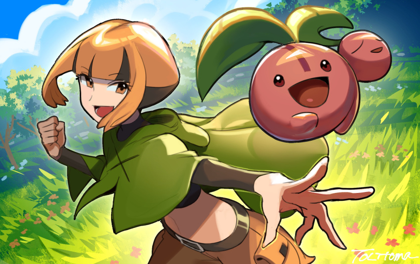 :d =_(9_yawbus) artist_name belt belt_buckle black_belt black_hair black_shirt blunt_bangs brown_shorts buckle cherubi cloud cloudy_sky crop_top cropped_shirt eyelashes female gardenia_(pokemon) grass green_poncho highres long_sleeves looking_at_viewer lower_teeth_only midriff multicolored_hair navel open_mouth orange_eyes orange_hair outdoors pokemon pokemon_(creature) pokemon_dppt poncho shirt short_hair shorts sky smile teeth tree two-tone_hair