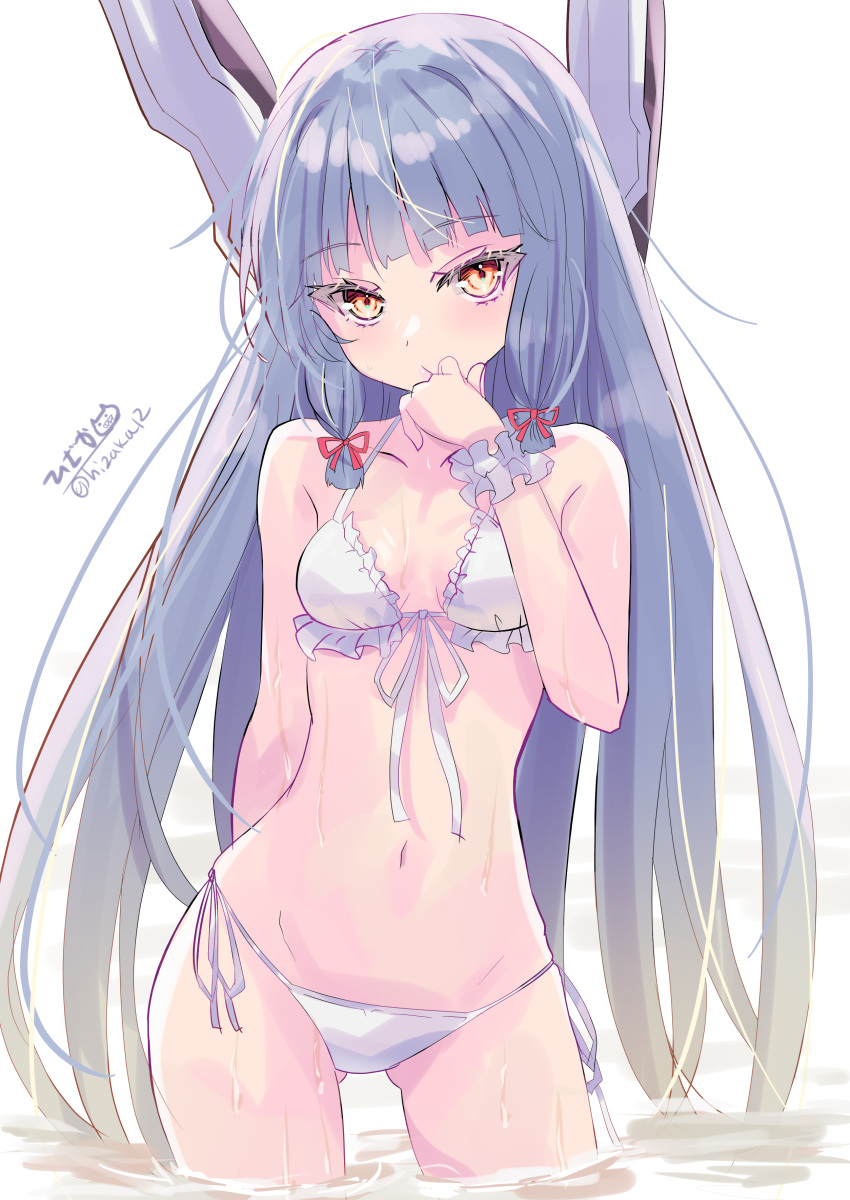 absurdres alternate_costume ass_visible_through_thighs bikini blunt_tresses female floating_headgear frilled_bikini frilled_cuffs frills front-tie_bikini_top front-tie_top grey_hair headgear highres hizaka kantai_collection looking_at_viewer murakumo_(kancolle) one-hour_drawing_challenge red_eyes side-tie_bikini_bottom solo swimsuit wading water