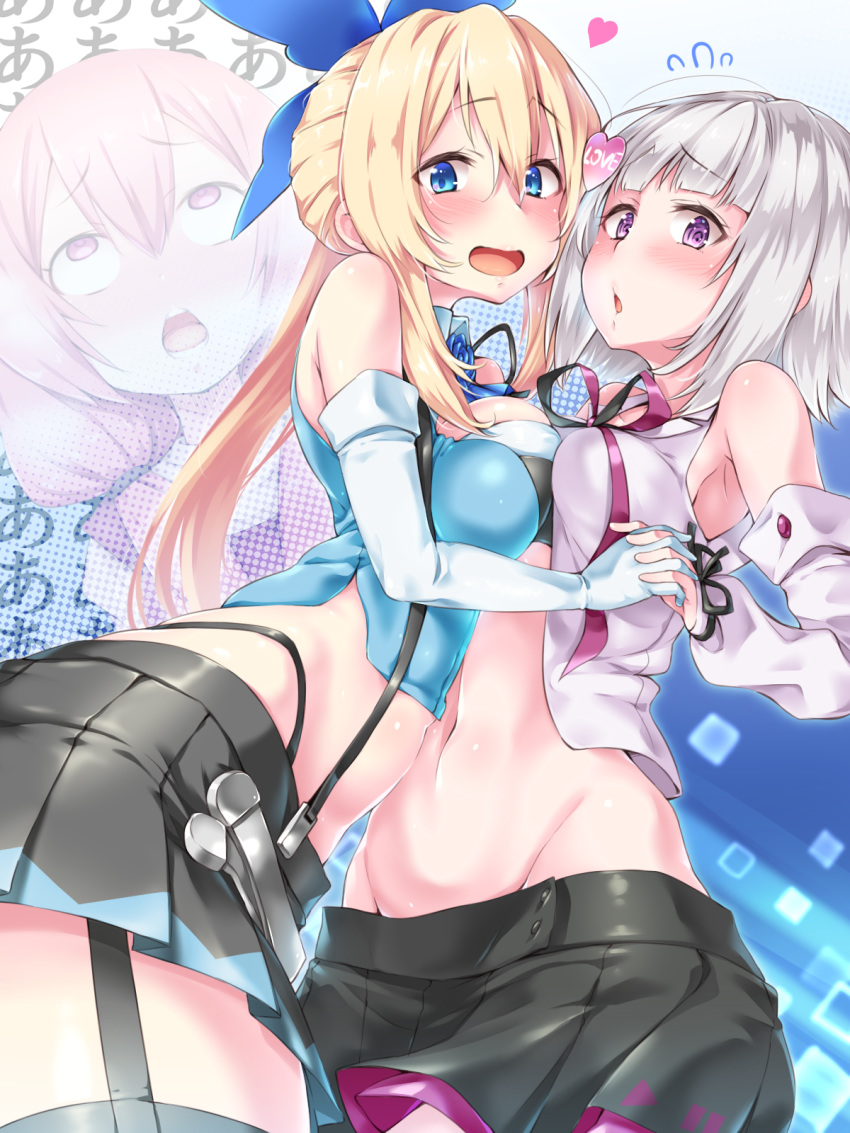 3girls asymmetrical_hair bare_shoulders black_skirt black_thighhighs blonde_hair blue_ribbon blush breast_press breasts commentary_request crop_top detached_sleeves eilene elbow_gloves esoragoto garter_straps gloves hair_between_eyes hair_ornament hair_ribbon highres icetea large_breasts lingerie long_hair looking_at_viewer midriff miniskirt mirai_akari mirai_akari_project multiple_girls navel open_mouth pink_hair pleated_skirt ponytail purple_eyes ribbon shiny_skin short_hair side_ponytail sideboob sidelocks skirt sleeveless suspenders symmetrical_docking thighhighs tied_hair twintails underwear virtual_youtuber white_gloves white_hair yomemi yuri zoom_layer